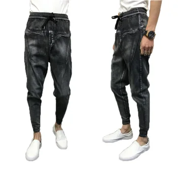 

Spring Male Low drop Crotch denim Pants Autumn Hip Hop street dance jean trouser Men hanging crotch Drawstring Joggers FSH04