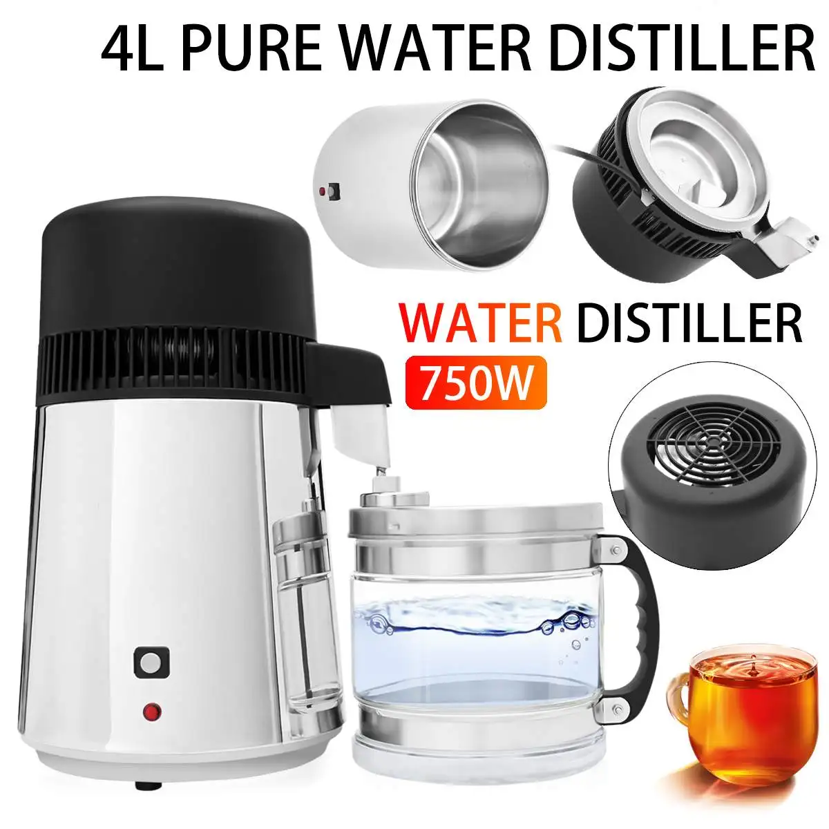 

750W 4L Pure Water Distiller Purifier Stainless Steel Filter Machine Home Laboratory Water Distiller Purifier Filter