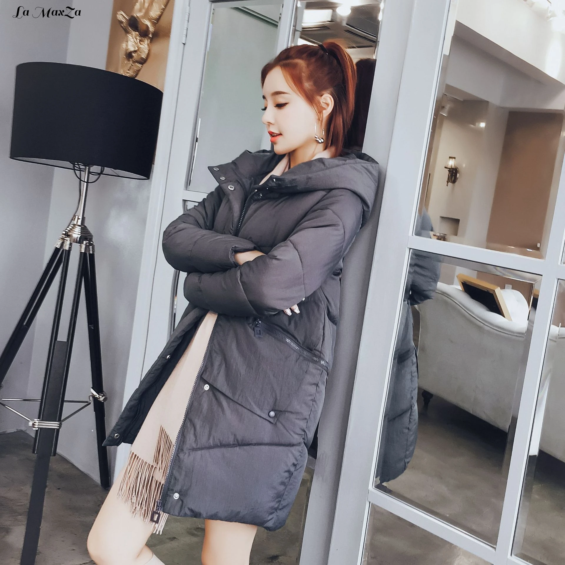 2018 blanc Femme Et D'hiver taille Poches Manteaux À Mode Large gris Veste Coton Chaud Solide Capuche rouge Long Mujer Parkas Rembourré Vestes Noir fEnBU