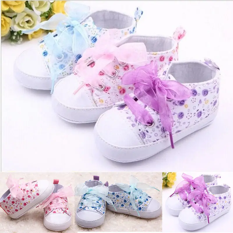Lace Baby Girl Shoes Flower Print Lace Up Floral Soft Sole Crib Newborn Shoes Infant Toddler