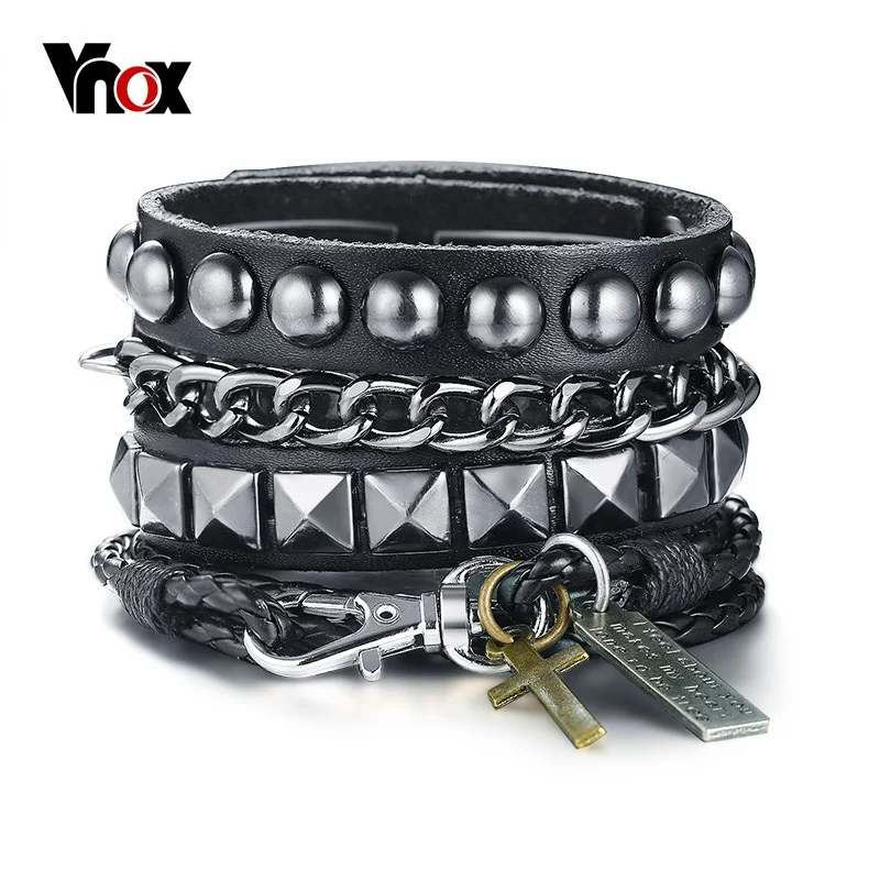 

Vnox Vintage Male Multi-layer Leather Chain Bracelet Punk Rivet Cross Charm Wrap Bracelet for Men Pulseira Masculina