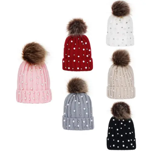 

FOCUSNORM Toddler Baby Pom pom Pearl Hat Winter Spring Warm Knitted Girl Boy Cap Bonnet Crochet Ball Beanie Fashion Kids Hats