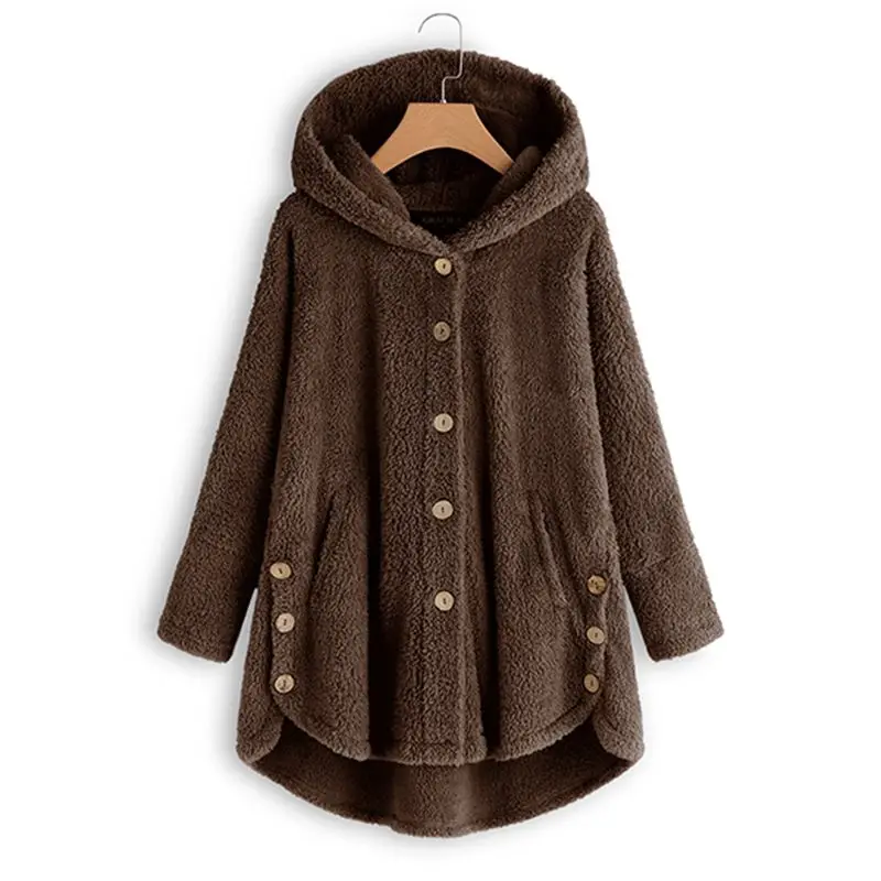 Пальто размера плюс с длинным рукавом Женские куртки из искусственного меха зимние женские теплые мягкие с капюшоном пуговицы для верхней одежды пуховое женское плюшевое Пальто 5XL