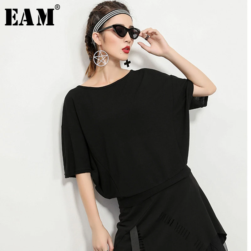 

[EAM] 2019 New Spring Summer Round Neck Three-quarter Batwing Sleeve Back Bandage Big Size T-shirt Women Fashion Tide JU158