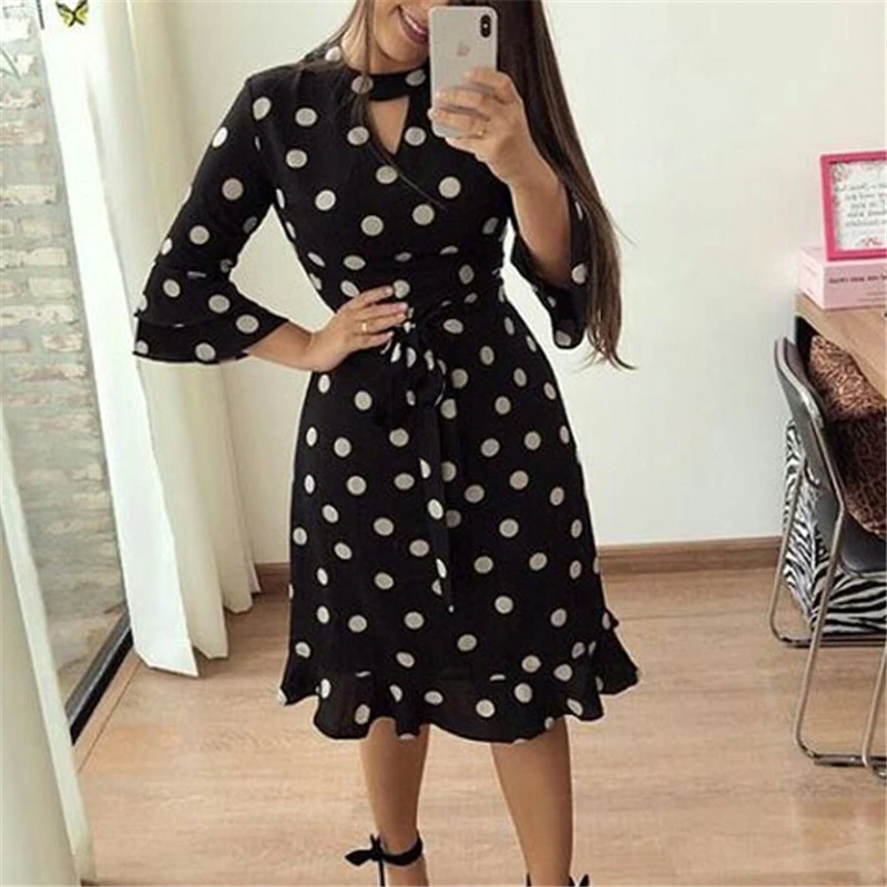

Casual Women Dresses Elegant Vintage Ruffles Polka Dot Dress Long Sleeve Women Dresses Evening Party Clothes High Waist Dress