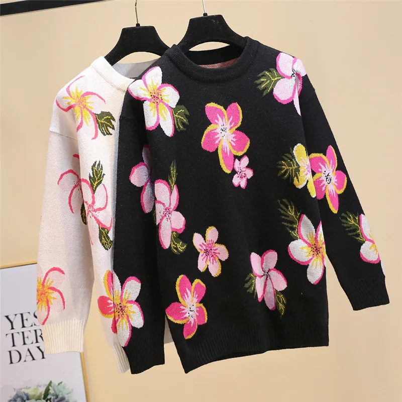2019 Spring Elegant Women Black White Floral Print Knitted Sweaetrs