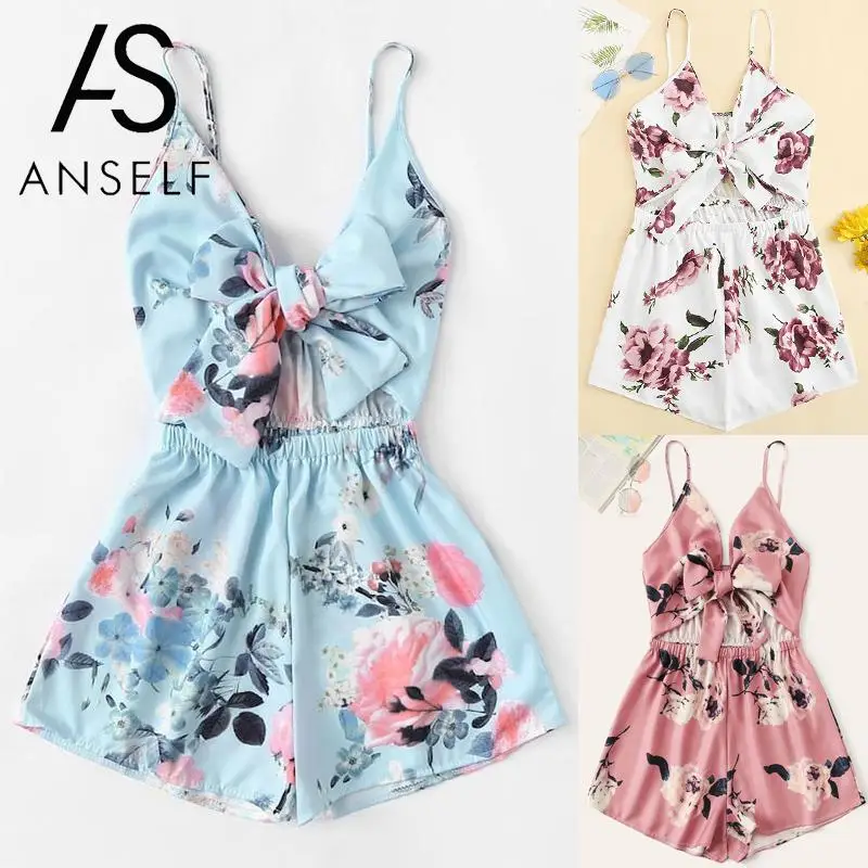 

Rompers Womens Jumpsuit Plus Size Playsuit Floral Print Tied Bandage V Neck Sleeveless Cut Out High Waist Sexy Summer Dungarees