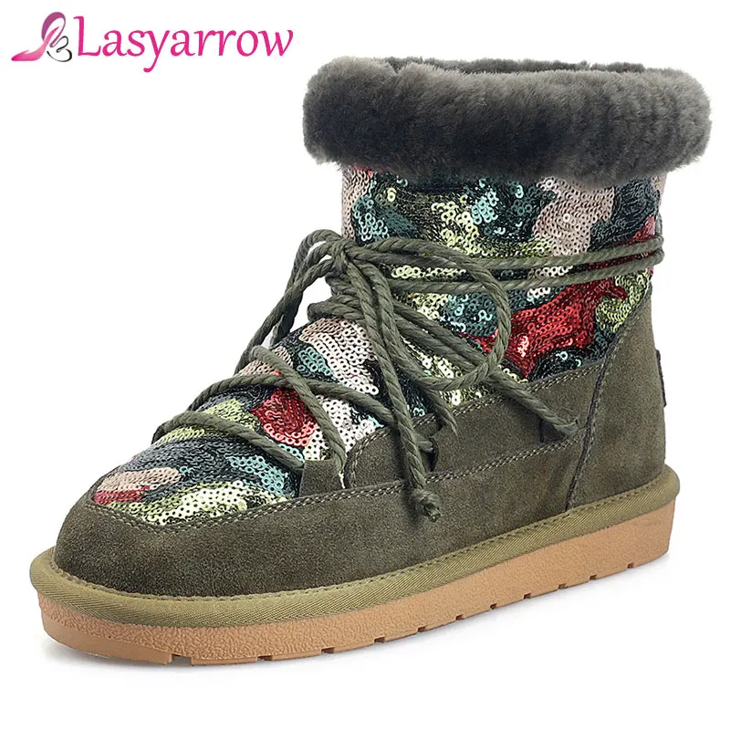 

Lasyarrow Snow Boots Winter Ankle Boots Women Shoes Fur Warm Boots Female Plus Size Casual Shoes Platform Bling Bling Lacing J31