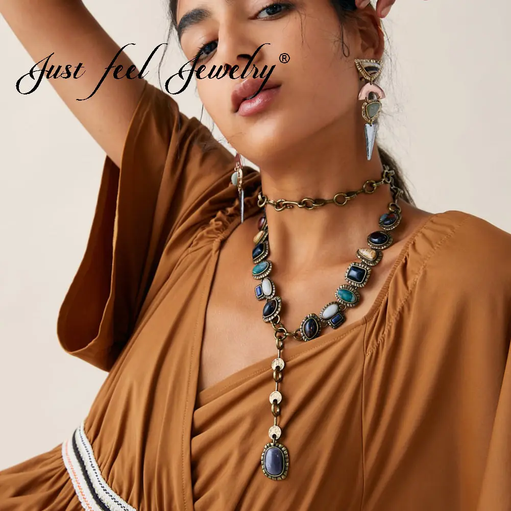 

JUST FEEL 2019 ZA Resin Stone Necklaces For Women Vintage Beads Luxury Collar Choker Necklaces Metal Wedding Charm Jewelry gift