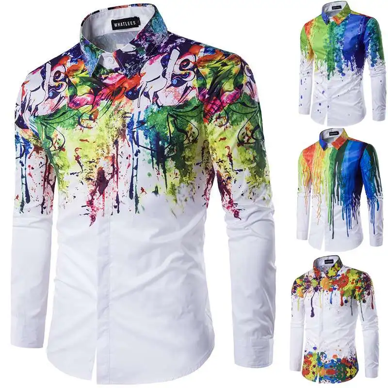 

3D Ink Print Men Shirt Long Sleeve Stylish Lapel Neck Slim Fit Casual Camisa Male Tops Fashion Men Dress Shirts 3XL Streetwear