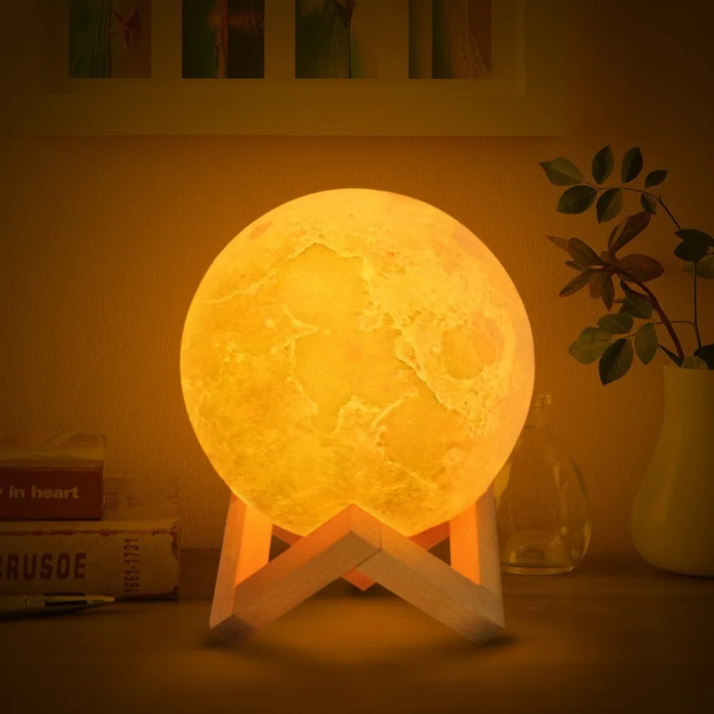 cheap Rechargeable 3D Print Moon Lamp 16 Colors Change Touch Switch Bedroom Bookcase Night Light Home Decor Creative Gift