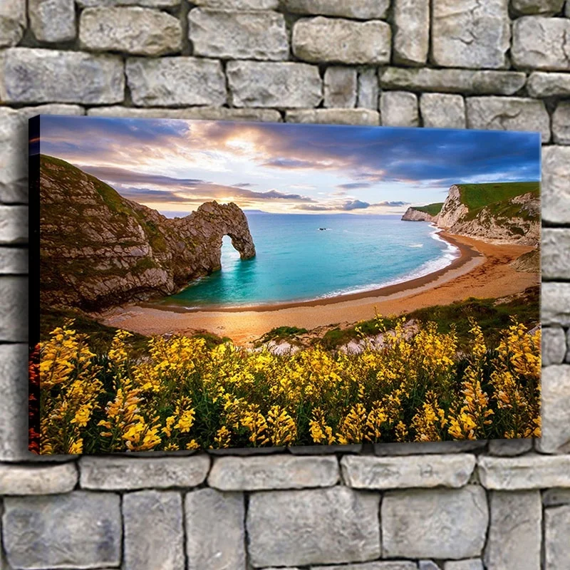 1 Piece Artwork Springtime Beach Sunset Flowers Arch Rocks Painting On Canvas Print Type And The Living Room Wall Decor | Дом и сад