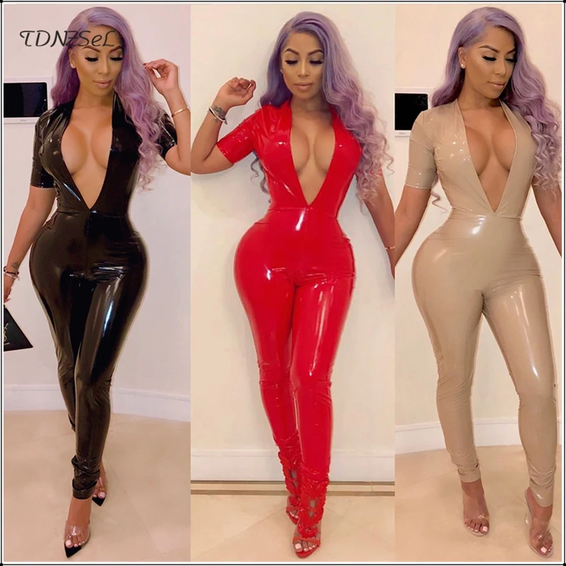 Sexy Deep V PU Faux Leather Tight Jumpsuit Women Short Sleeve Low Cut