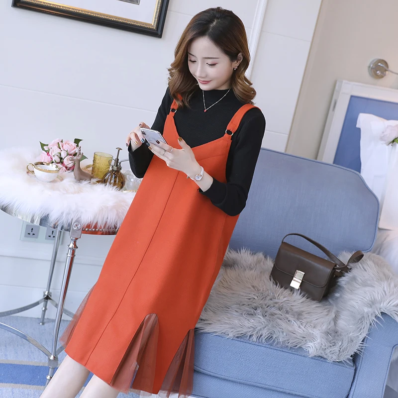 

2019 Pregnant women sweater two-piece dress suits long sleeve basic t-shirt+strap ruffles dress maternity clothes set twinset