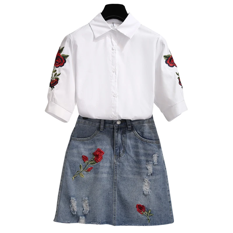 Faldas Mujer Moda 2019 Женская мини юбка с цветочной вышивкой комплект + белые блузки