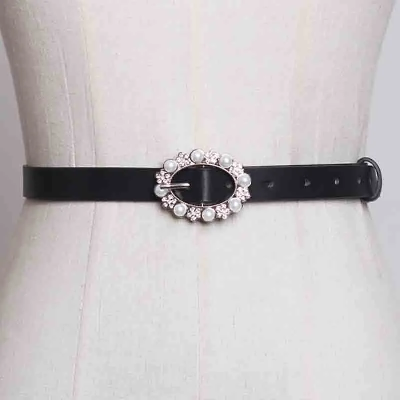 

[YaLee] New Fashion 2019 Spring Summer Rhinestone Pearl Oval Pin Buckle Girdle Pu Leather Long Belts Women 7 Colors Y801