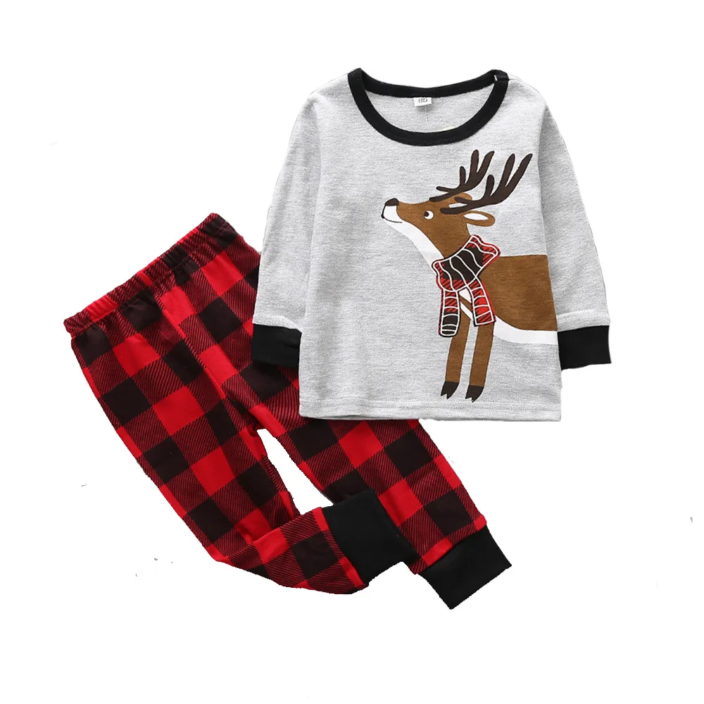 

Children Clothing Christmas Outfits Red Long Sleeve Print Deer+Plaid Pant Toddler Boys 2 Piece Pajamas Sets Girls
