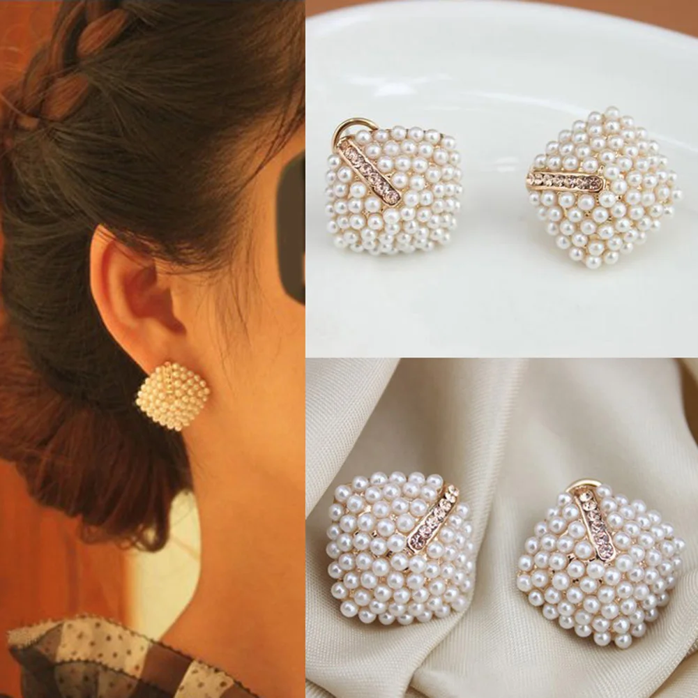 

2019 New Square Studs Earrings Geometry Rhombus Pearl Vintage Gentle Charms Studs Earrings For Temperament Women Pearl Acc