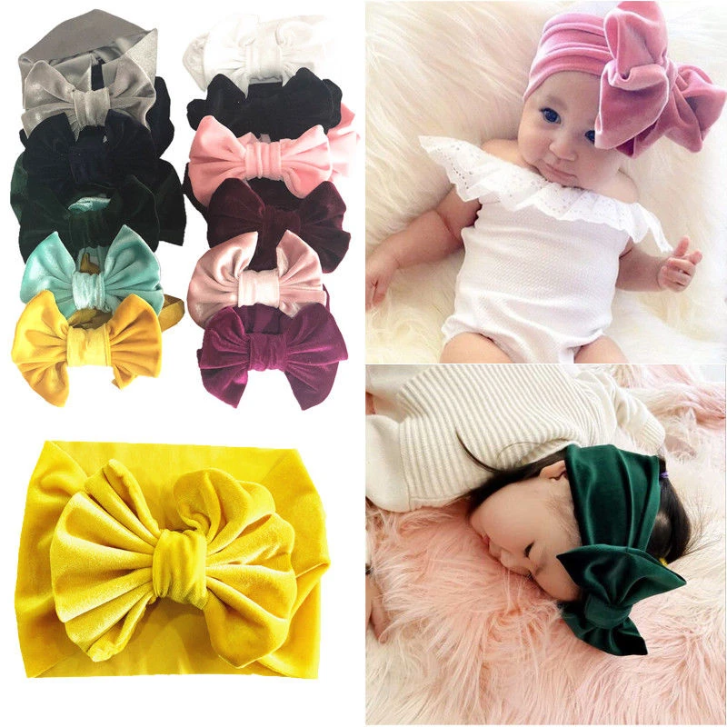 New Born Baby Headband Soft Stocking Band Big Velvet Bow Kids Christening Lot