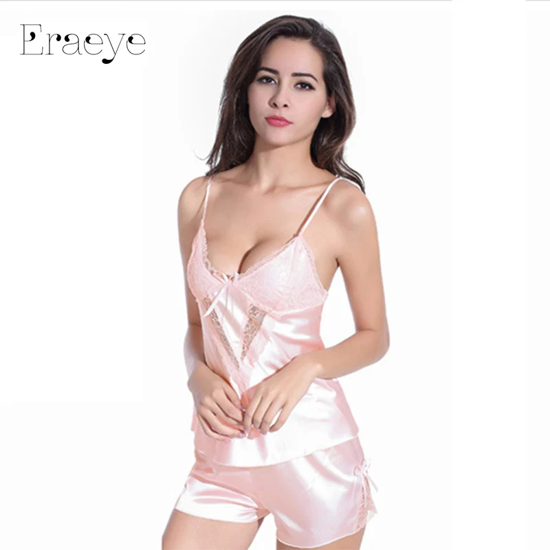 

ERAEYE Women Summer Sexy Silk Satin Pyjama Set Sleeveless Pijama Set Lace Pajama Set V-neck Sleepwear Sleep Wear For Ladies