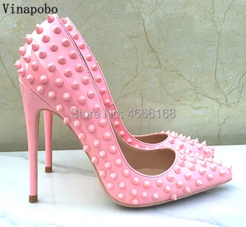 

Vinapobo Factory Real Photo Stiletto Heels Bling Bling Rivets Pointed Toe Pumps Shoes Pink Patent Leather Studded Wedding Shoes