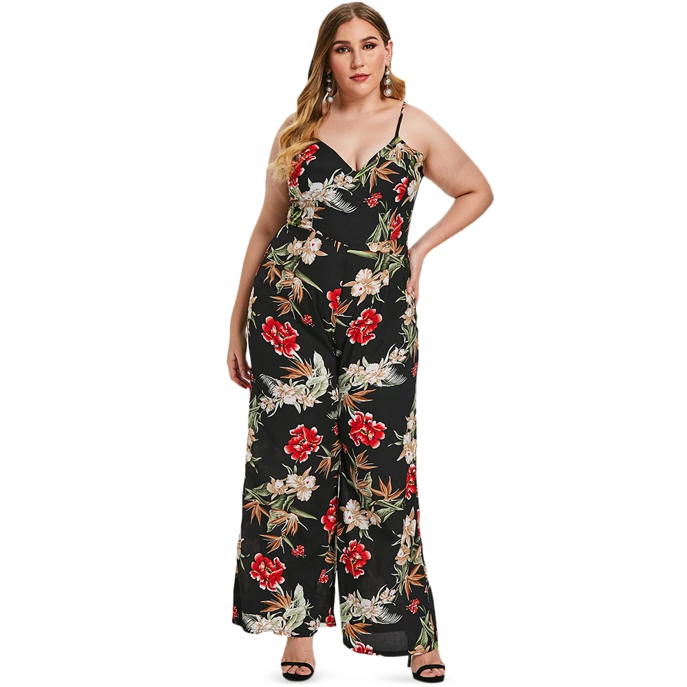 Wipalo Women Plus Size Back Criss Cross Floral Print Jumpsuit Spaghetti Strap Ladies Summer Casual Maxi Jumpsuit Holiday Set 3XL Wipalo Women Plus Size Back Criss Cross Floral Print Jumpsuit Spaghetti Strap Ladies Summer Casual Maxi Jumpsuit Holiday Set 3XL