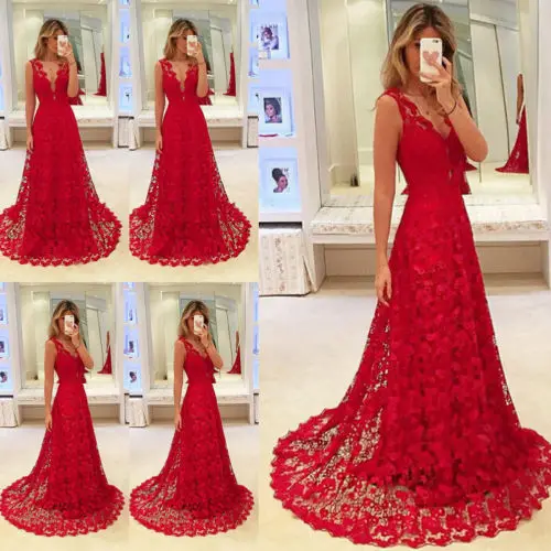 

Ladies Evening Party Formal Solid Red Lace Dresses Women Summer Sexy Sleeveless V-Neck Long Dress