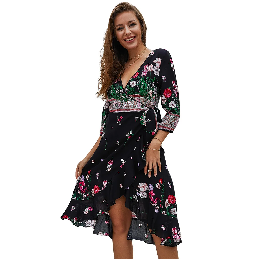 

2019 Bohemian Style Dress Women Summer Print Floral V-neck Sexy Beach Dress Half Sleeve Long Dresses