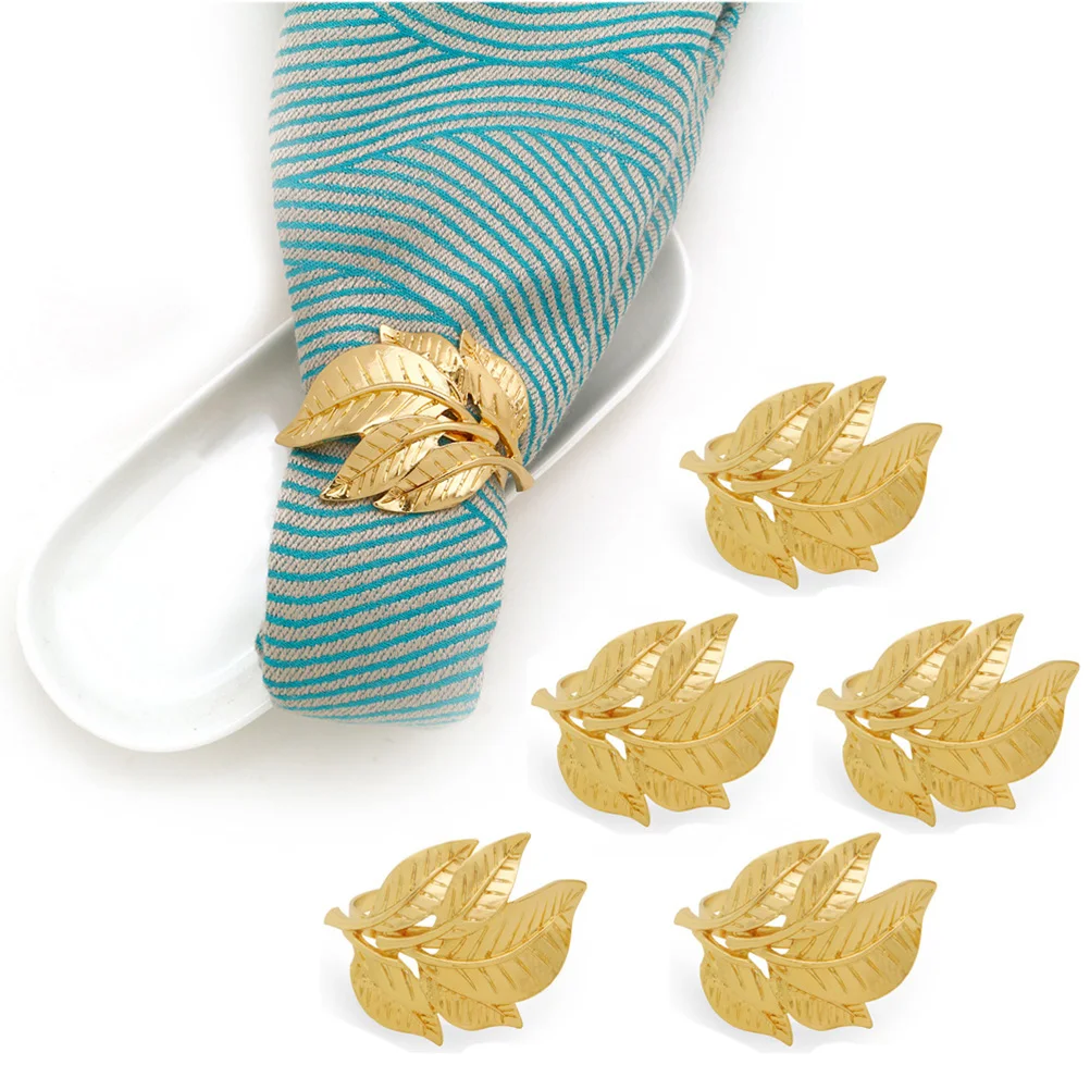 

6pcs Alloy Napkin Ring Exquisite Napkin Buckle Holder Table Decoration Golden Leaf Napkin Rings for Dinner Party Wedding