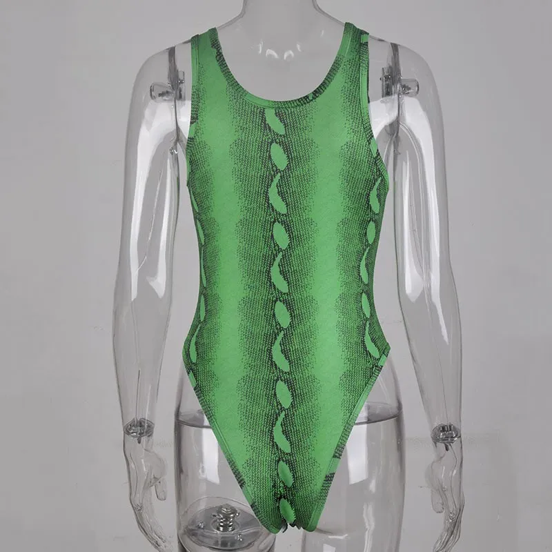 Летний модный женский зеленый комбинезон со змеиным принтом, сексуальный комбинезон с глубоким v-образным вырезом без рукавов, цельный облегающий боди