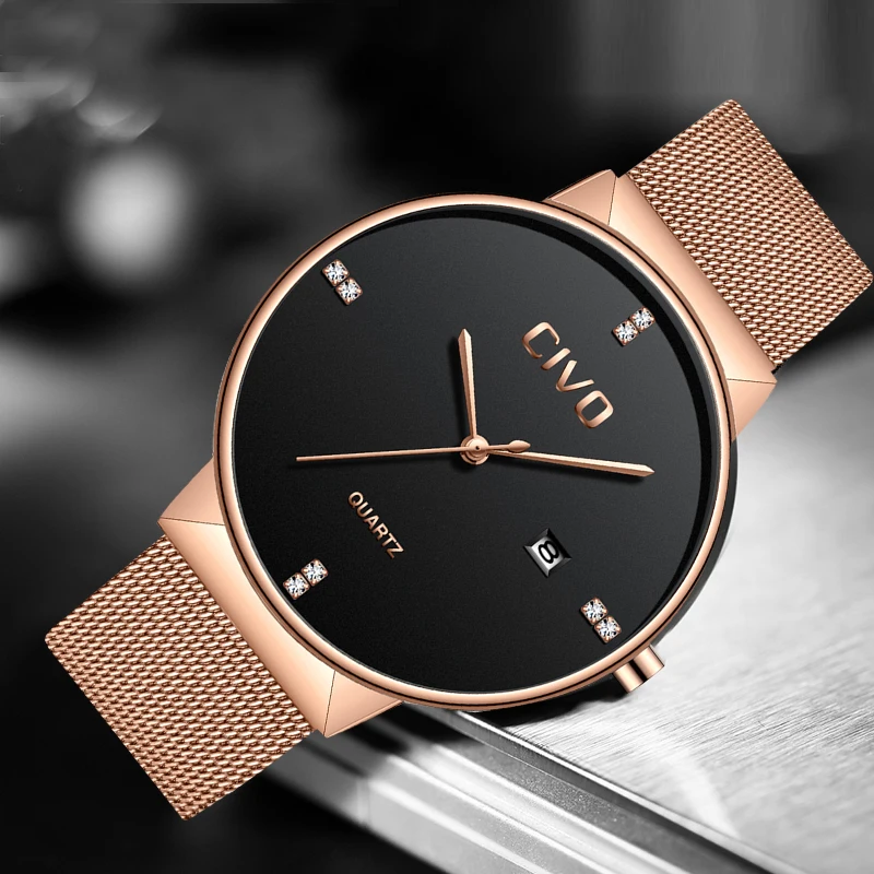 

CIVO Luxury Diamond Watch Men Waterproof Analogue Quartz Wrist Watch Rose Gold Steel Mesh Strap Watches Male Clock Montre Homme