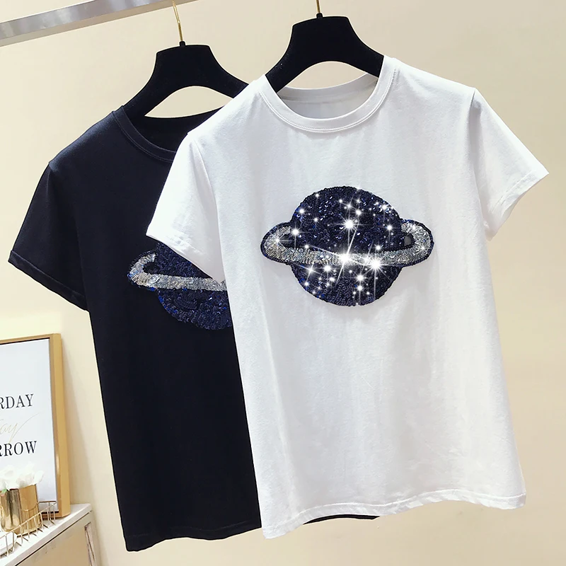Embroidered Sequins Cotton Short Sleeve T-shirt Female Planet Casual Loose Tops Black White Tshirt O Neck Fashion Korean Shirt Embroidered Sequins Cotton Short Sleeve T-shirt Female Planet Casual Loose Tops Black White Tshirt O Neck Fashion Korean Shirt