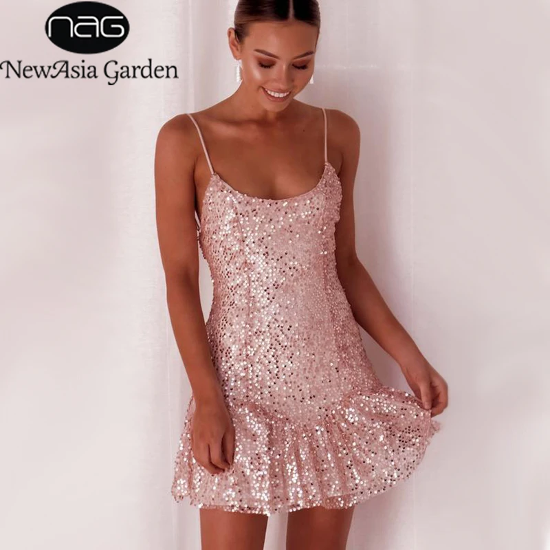 

NewAsia Pink Sequined Party Dress Women Ruffles Hem A-line Backless Christmas Mini Dress Sexy Off Shoulder Winter Dress Vestido