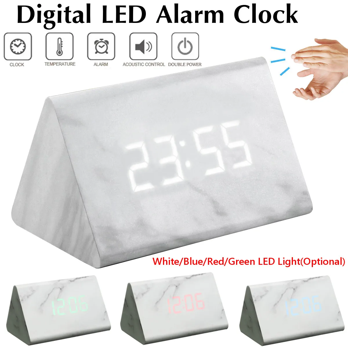 

Triangle Marble Style Wooden LED Digital Clock Voice Control Time Temperature Display Dual Power Desktop Alarm Clock Night Light