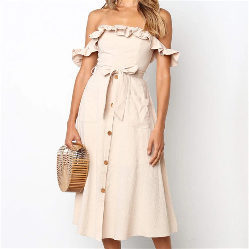 

Women Dress Sexy Maxi Off Shoulder Ladies Dresses Beach Button Women Dresses Evening Party Clothes Sundress Solid Casual Dress