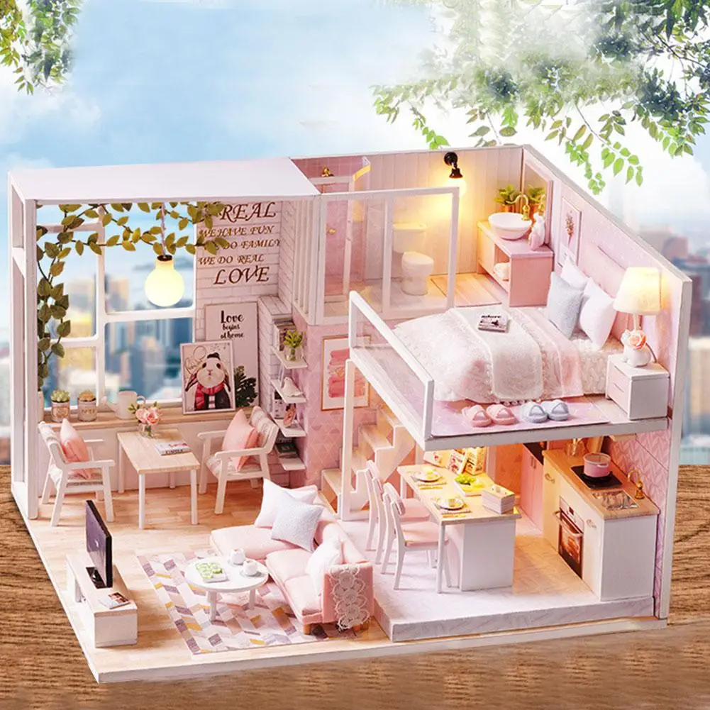 

ESTINK 3D 1/24 Miniature Dollhouse Wooded LED Light Furniture Doll House Kit DIY Adult Kids Gifts Handmade 3D Miniature House