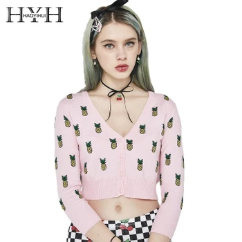 

HYH HAOYIHUI Sweet Pineapple Embroidery Pattern V-neck Single-Breasted Petite Girl Heart Hipster Sweater