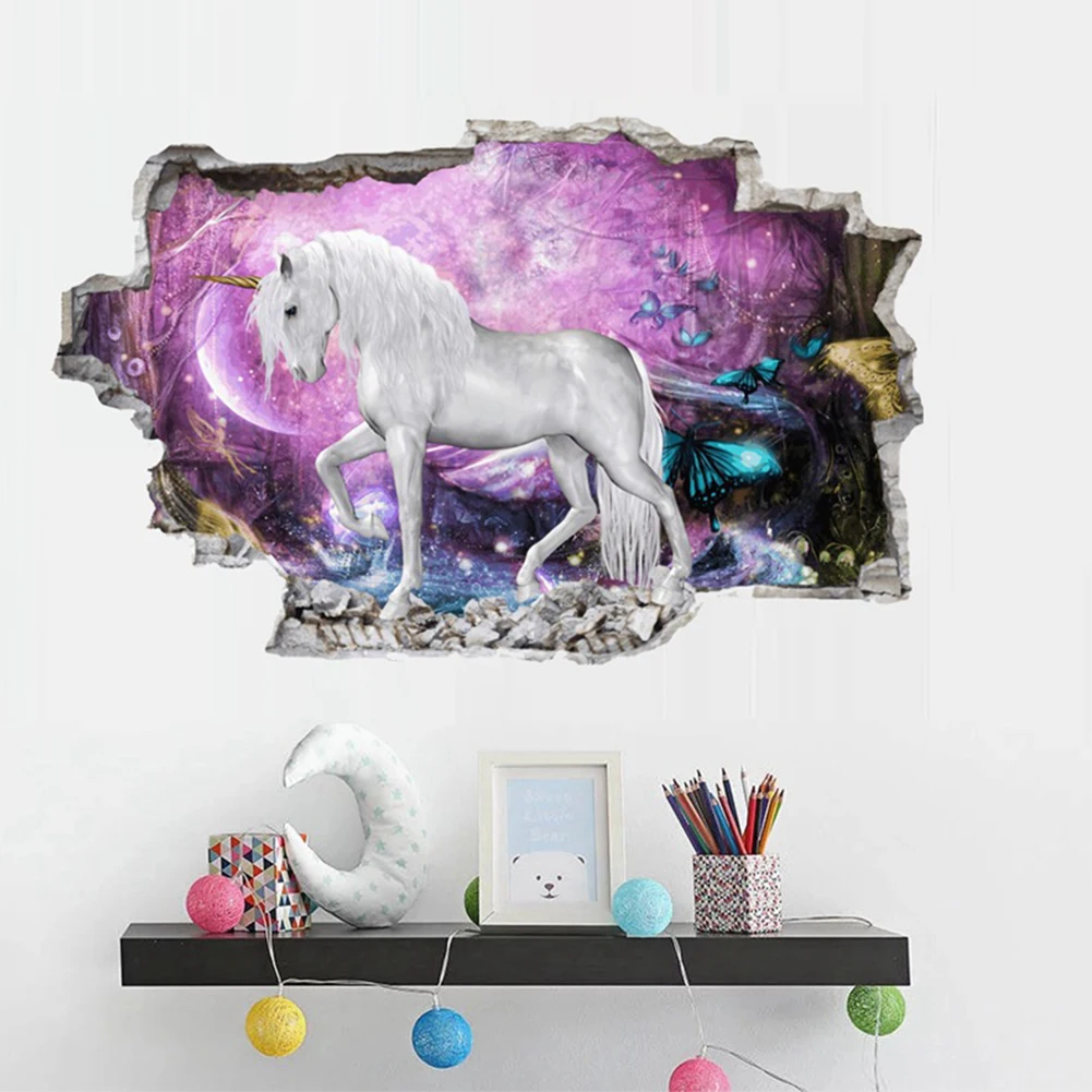 3D Unicorn Wall Stickers Wall Decorative Removable 46*74cm DIY 3D LOOK Unicorn Wall Decals Dreamy Galaxy Kids room Decoration