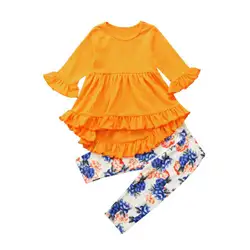 Для маленьких девочек цветочные Туника Осень пляжный костюм для маленьких девочек хлопковая Блуза платье с топом длинные штаны-леггинсы