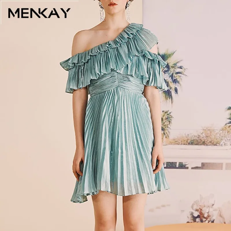 

[MENKAY] Sexy Off Shoulder Dress Female Short Sleeve Tunic High Waist Ruffles Party 2019 Summer Fashion Women Dresses