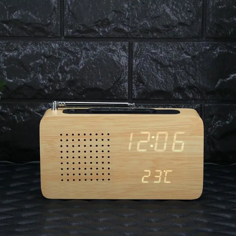

2 in1 FM Radio Desk Clock Acoustic Control Clock Wooden Bamboo LED Alarm Clocks Electronic Table Display Clocks Children Gift