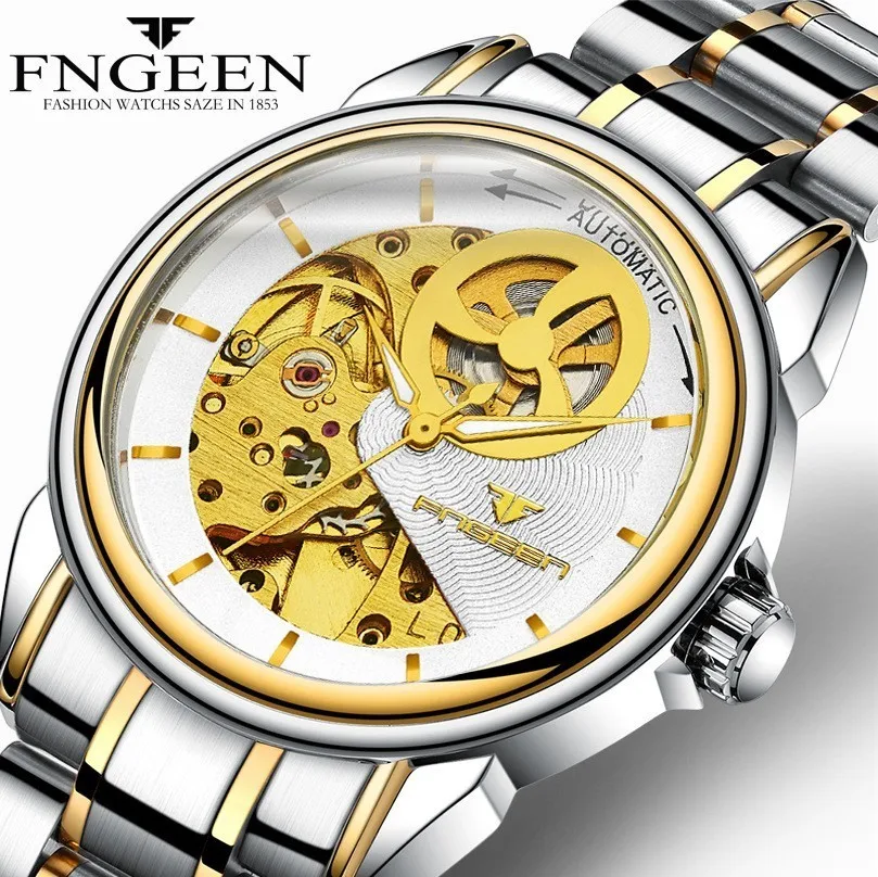 

FNGEEN Automatic Wristwatchs Men Gold Skeleton Mechanical Watches Waterproof Men Clock zegarki meskie mekanik saat 8818