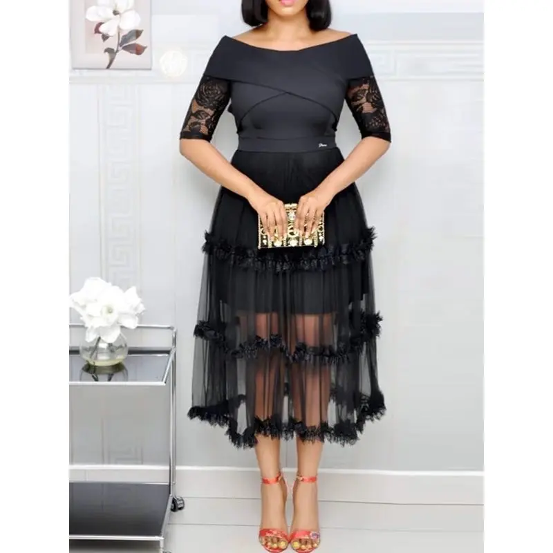 

Summer Women Lace Dresses Plus Size OL Lady Elegant Party Sexy Off Shoulder Aline Hollow Mesh Plain Female Fashion Retro Dress