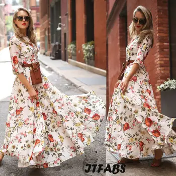 

2019 Newest Hot Women Fashion Summer Long Maxi Dress Casual Long Sleeves Evening Party Floral Holiday Dress