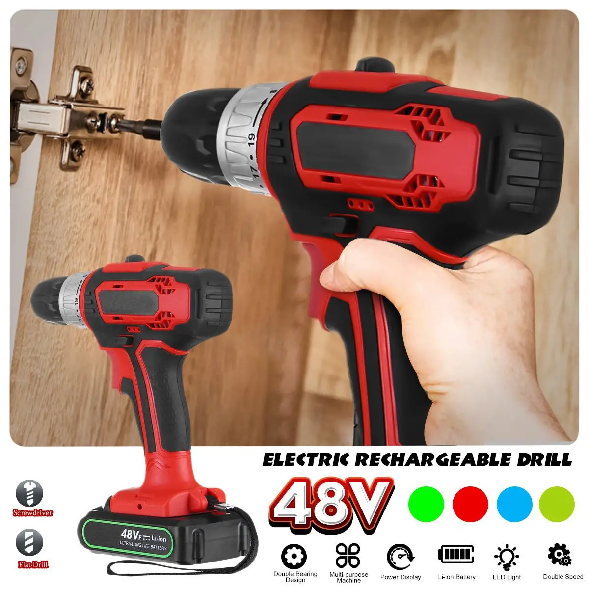 

48V 2 Speed Cordless Rechargeable Battery Electric Drill LED Impact Screwdriver Dustproof Dhockproof 20x18.6cm Waterproof