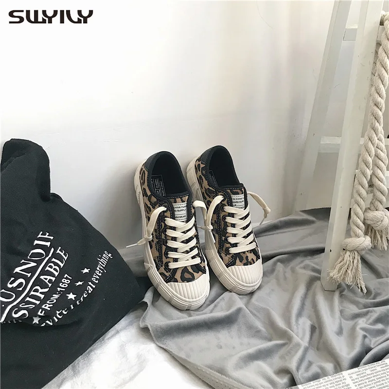 SWYIVY Chaussure Femme парусиновая обувь женские кроссовки Осенняя повседневная обувь женские леопардовые кроссовки на плоской подошве женская обувь