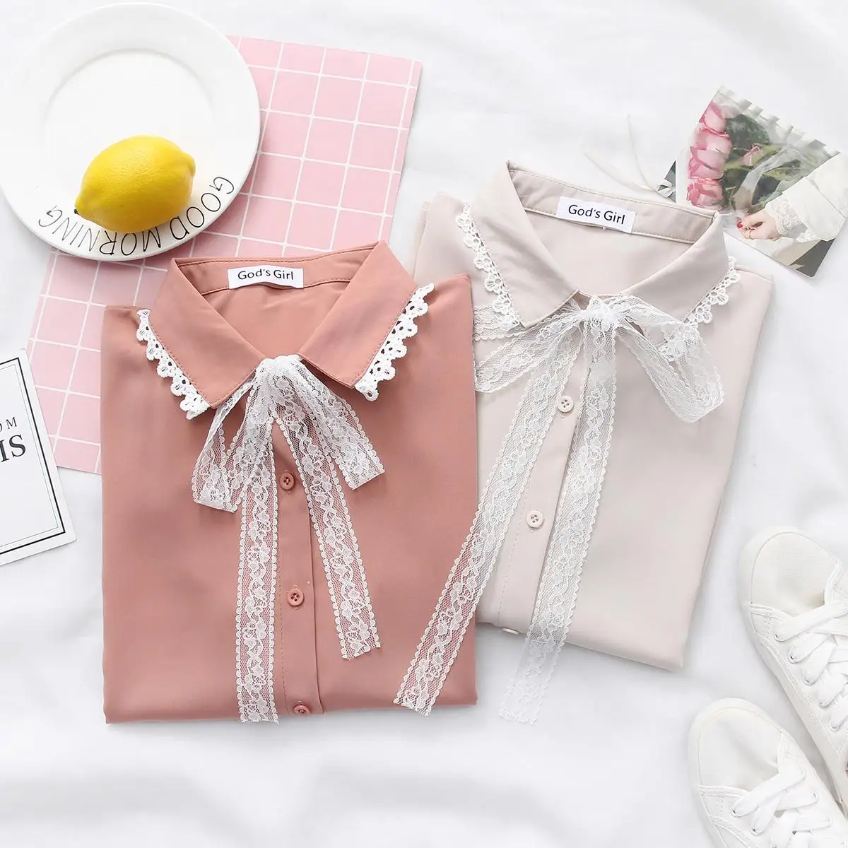 

Japan Style Solid Color Blouses New Fashion Women Turn-down Collar Chiffon Tops and Shirts Spring Autumn Blouse Lace Bow