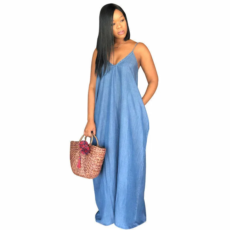 

Summer Vacation Womens Boho Backless Long Denim Maxi Dresses Loose Dress V Neck Sexy Casual Beach Wear Plus Size
