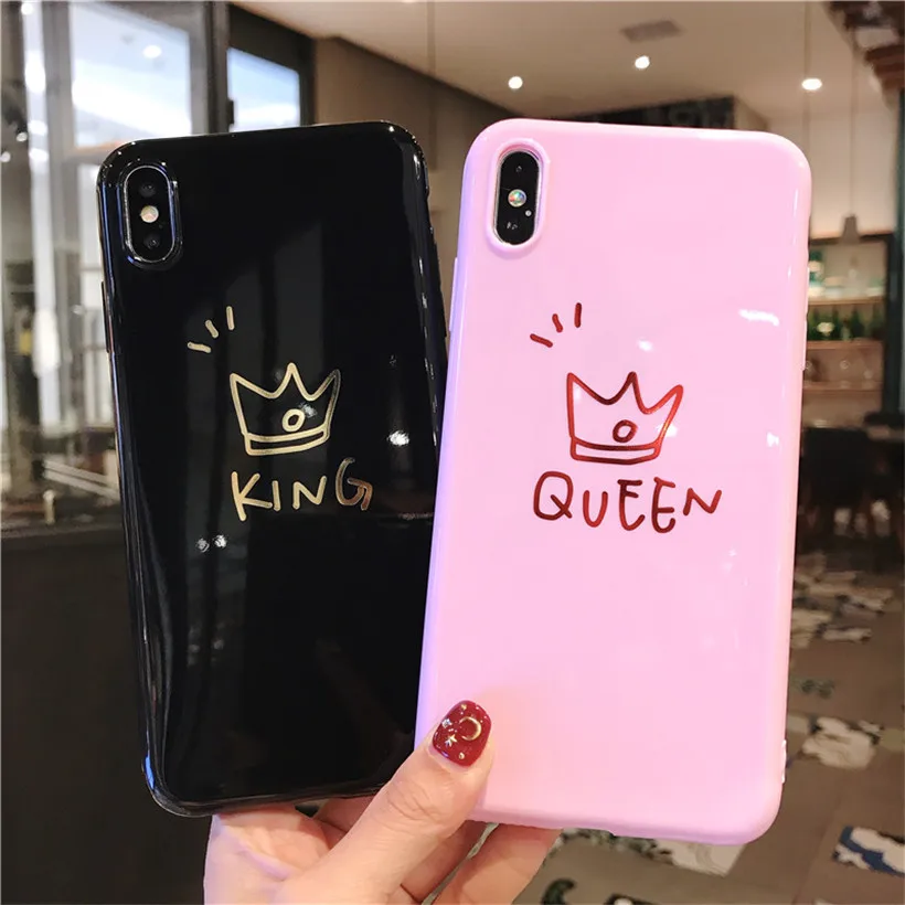 USLION Cartoon Crown Phone Case for iPhone 6 6s 7 8 Plus Silicon TPU Cases For iPhone XR XS Max Letter King Queen Back Cover