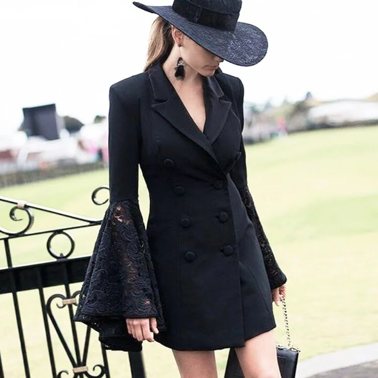 SWYIVY Women Jackets Lapel Double-breasted Trumpet Sleeves Long Suit Jacket Coat 2019 Female OL Wear Lace Sleeve Outwear Jacket